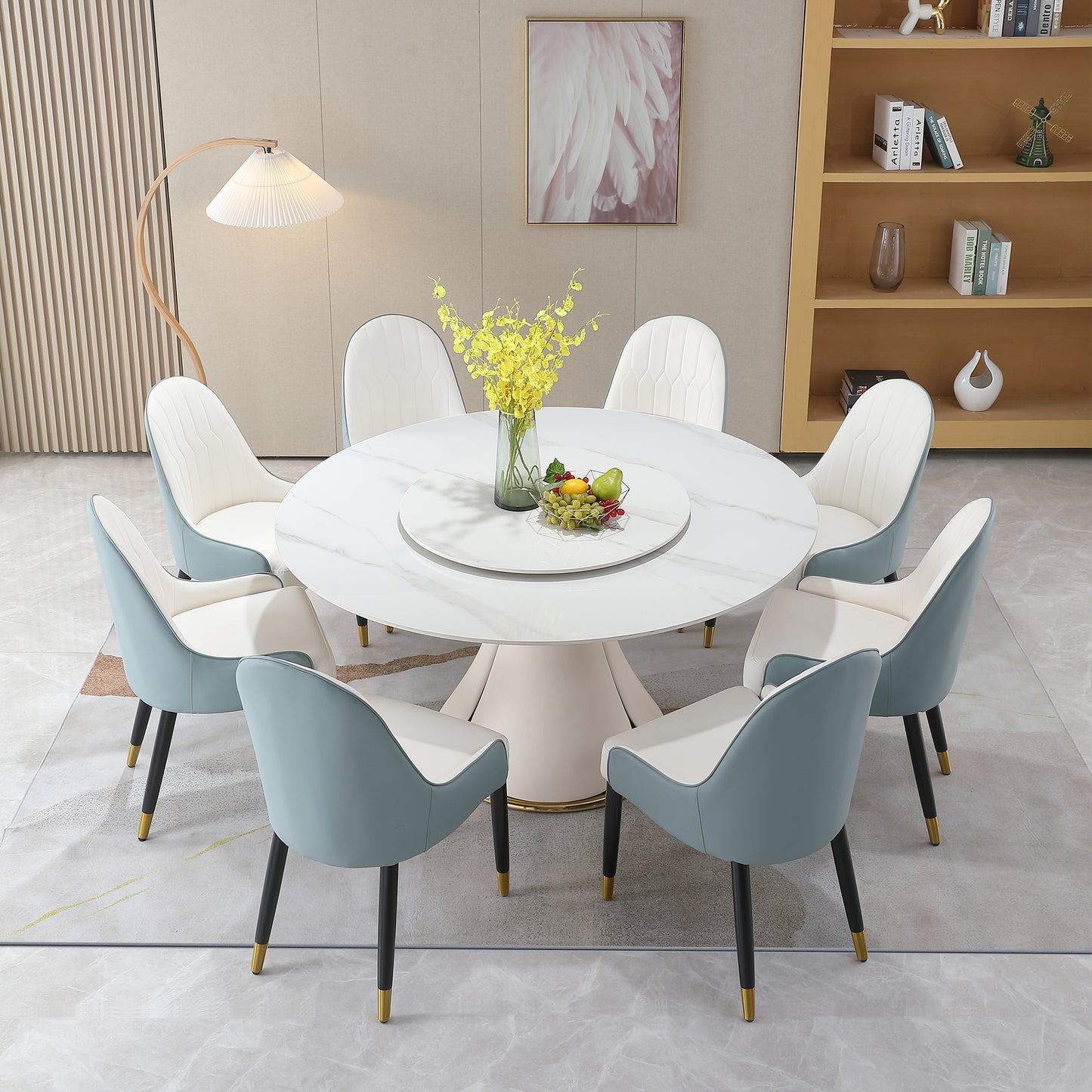 59.05"Modern Sintered stone dining table with 31.5" round turntable with wood and metal exquisite pedestal with 8 pcs Chairs .