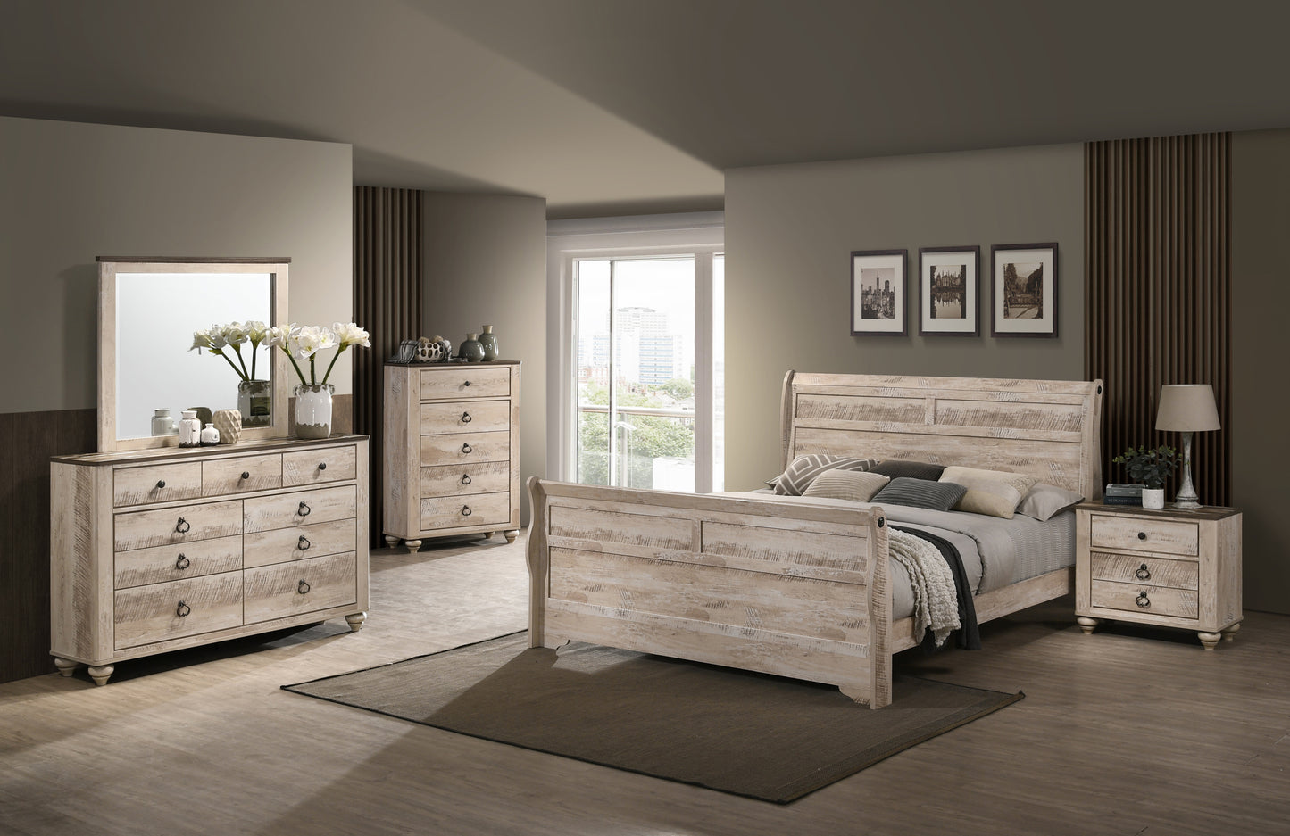 Imerland Contemporary White Wash Finish Bedroom Set with Queen Sleigh Bed, Dresser, Mirror, Nightstand, Chest