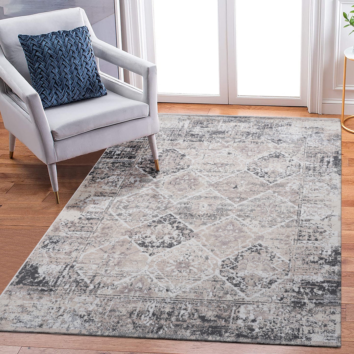 5X7 Cream/Anthracite /Traditional Non-Shedding Living Room Bedroom Dining Home Office Stylish and Stain Resistant Area Rug