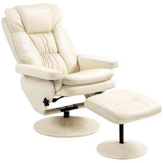 HOMCOM Swivel Recliner with Ottoman, PU Leather Reclining Chair with Ottoman, Upholstered Recliner and Footrest with Wrapped Base for Living Room, Bedroom and Home Office, Cream White