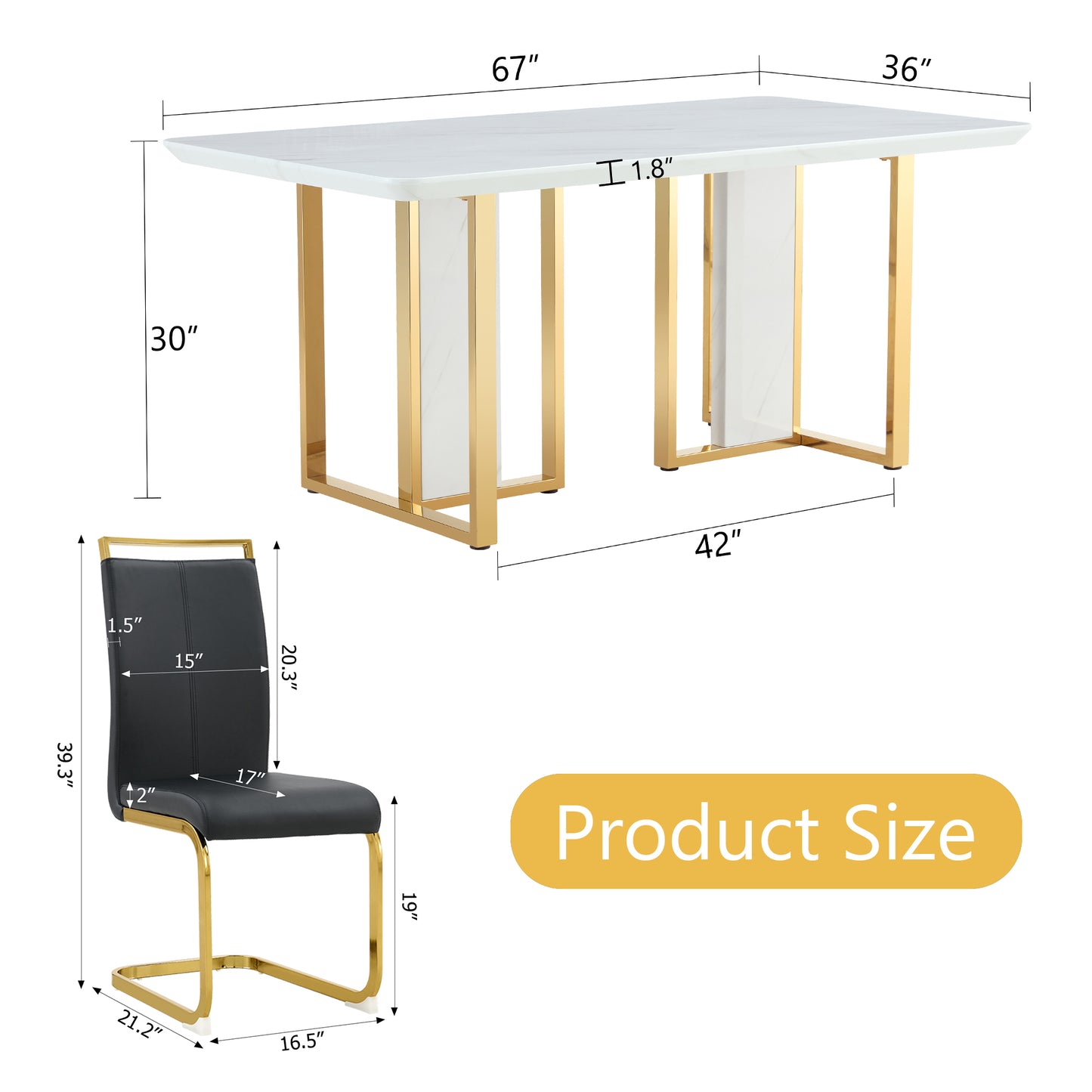 Table and chair set.67"x36" White marble pattern MDF Dining Table Set with 8 Black PU Chairs.MDF sticker,White marble pattern sticker,Gold C-tube chair legs,Suitable for kitchen,Dining room,etc.