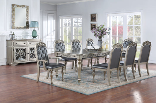 Traditional Silver / Grey Finish 9pc Dining Set Table w 2x Arm Chairs 6x Side Chairs Rubber wood Intricate Design Tufted back Cushion Seat Dining Room Furniture