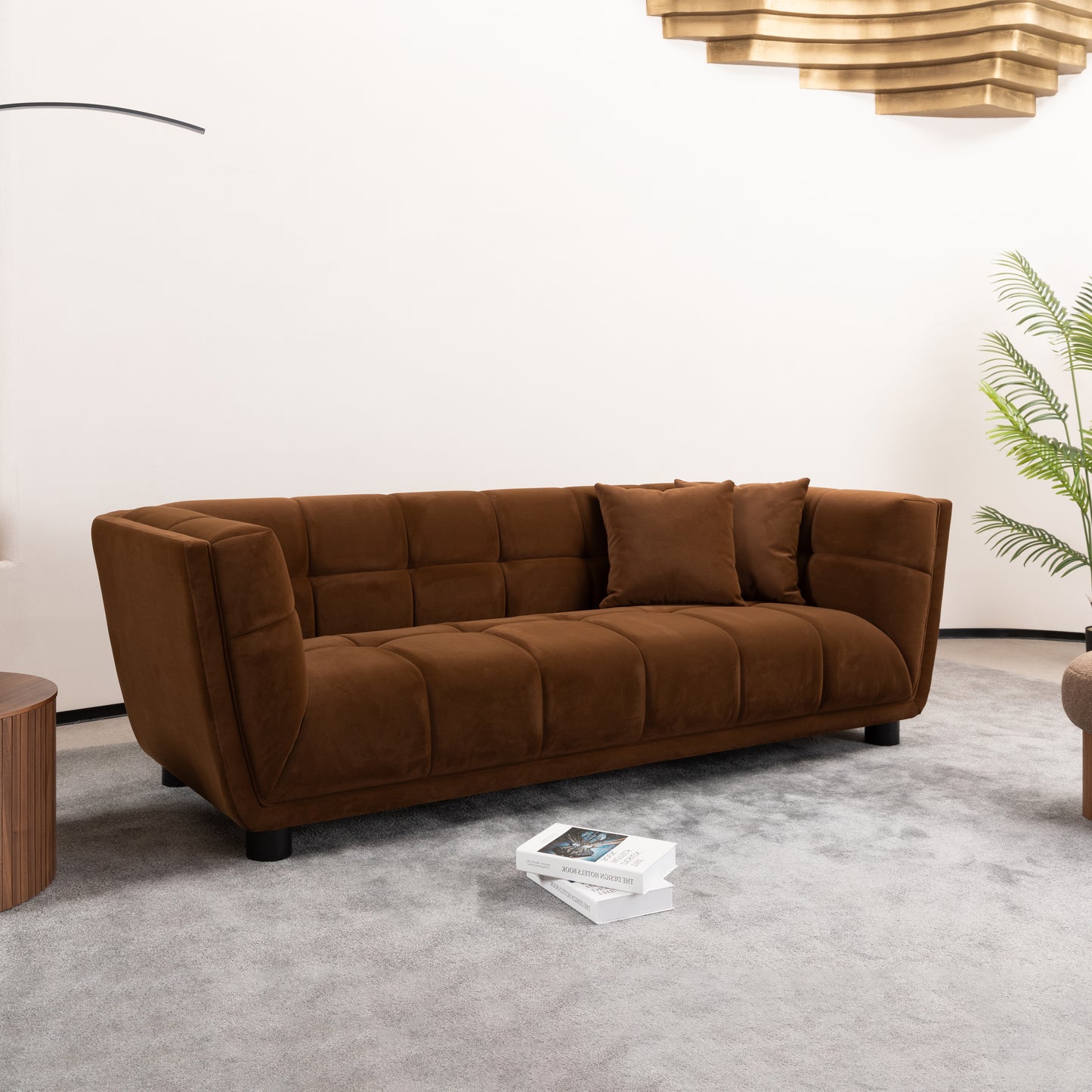 WKS13 Mid-century modern style: camel sofa simple, small square design, velvet fabric texture smooth, retro fashion, solid wood feet, 2 people design