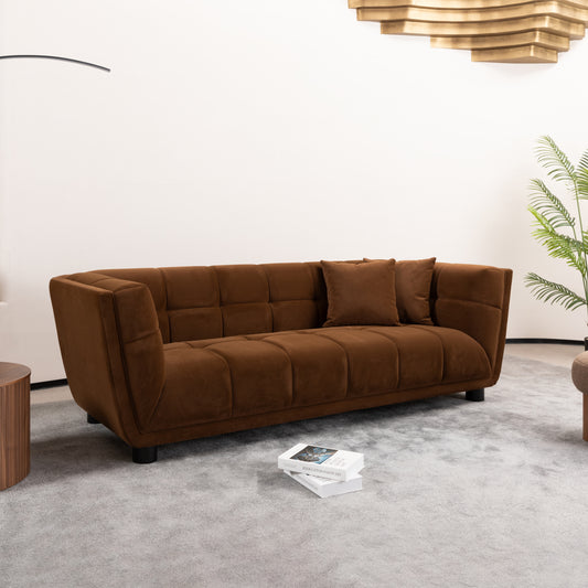 WKS13 Mid-century modern style: camel sofa simple, small square design, velvet fabric texture smooth, retro fashion, solid wood feet, 2 people design