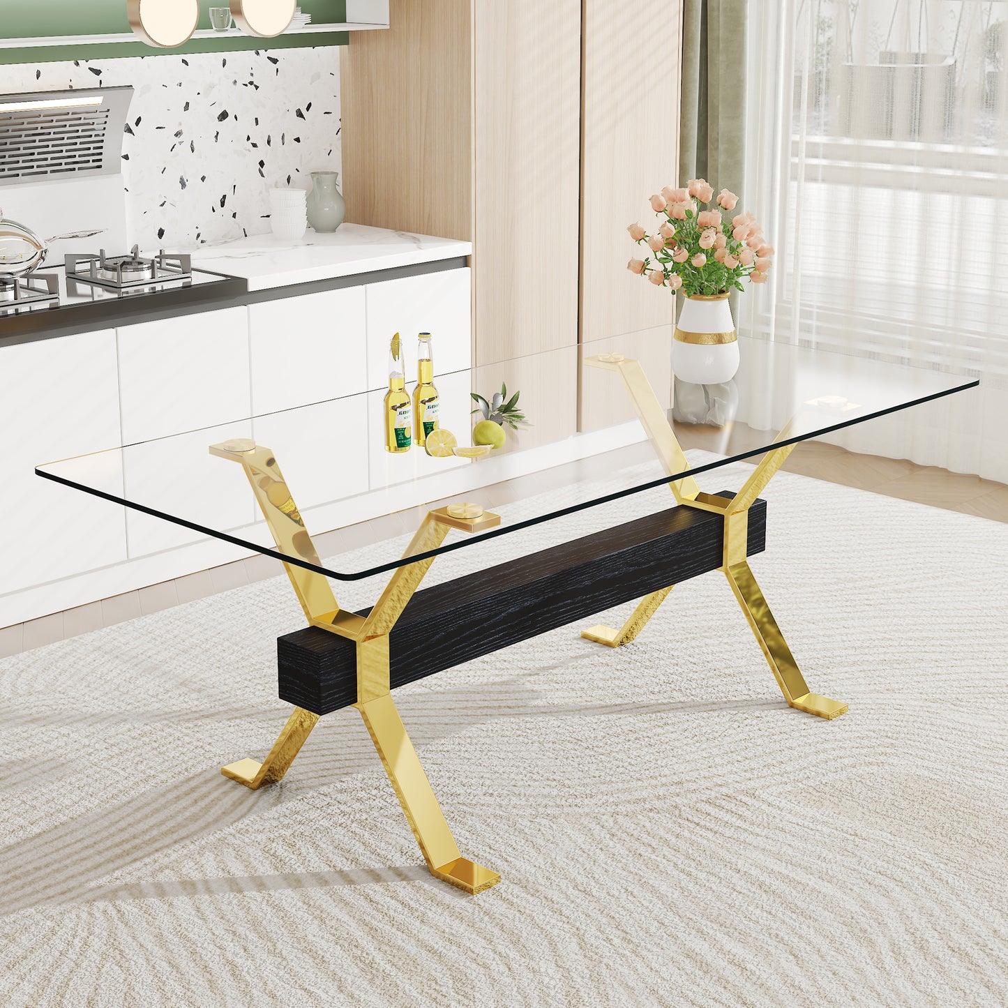 1 table and 8 chairs. Modern simple luxury tempered glass rectangular dining table and desk with 8 black PU gold plated leg chairs 79''x39''x30''