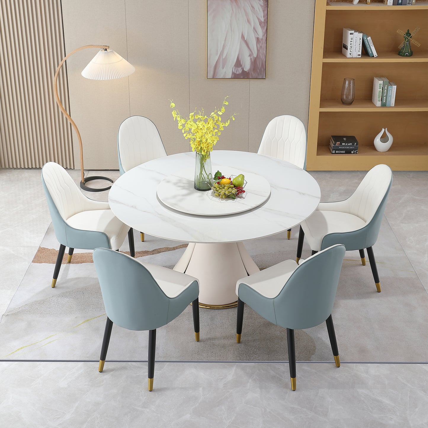 59.05"Modern Sintered stone dining table with 31.5" round turntable with wood and metal exquisite pedestal with 8 pcs Chairs .