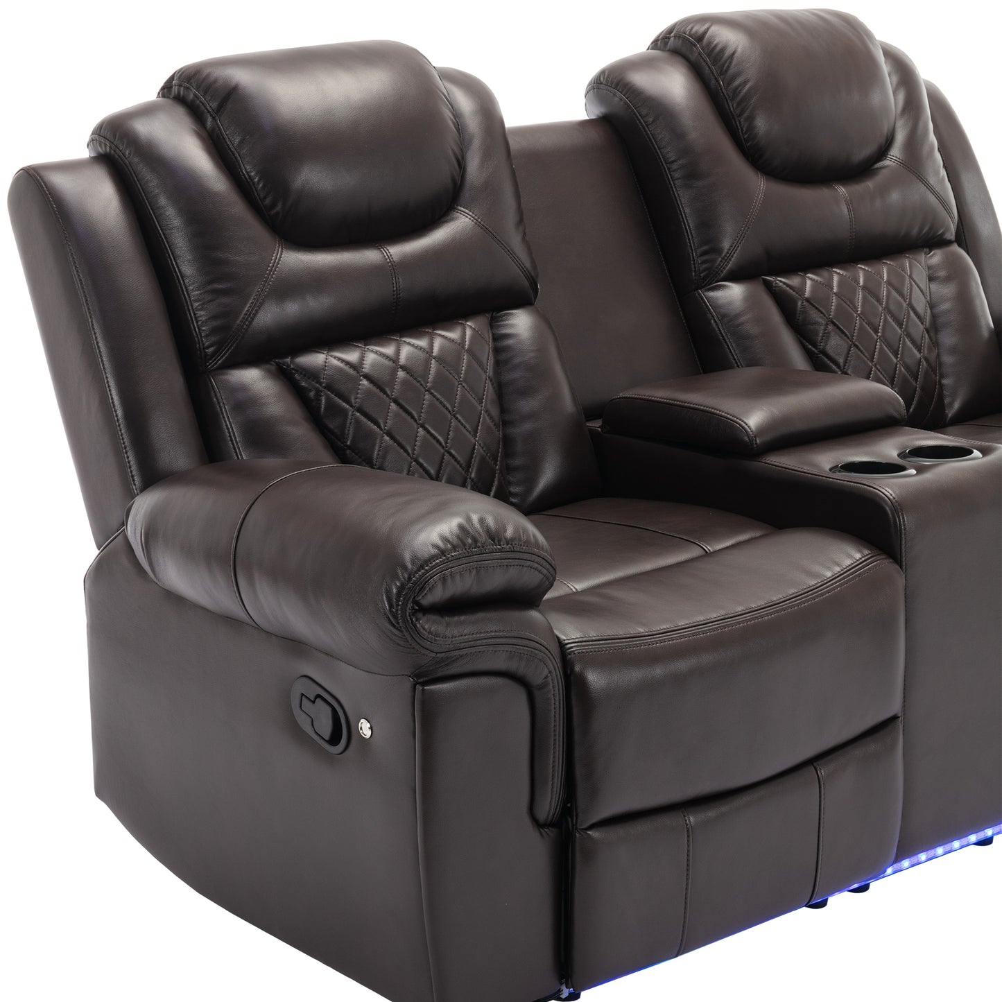 3 Pieces Recliner Sofa Sets Home Theater Seating Manual Recliner Chair with Center Console and LED Light Strip for Living Room, Brown