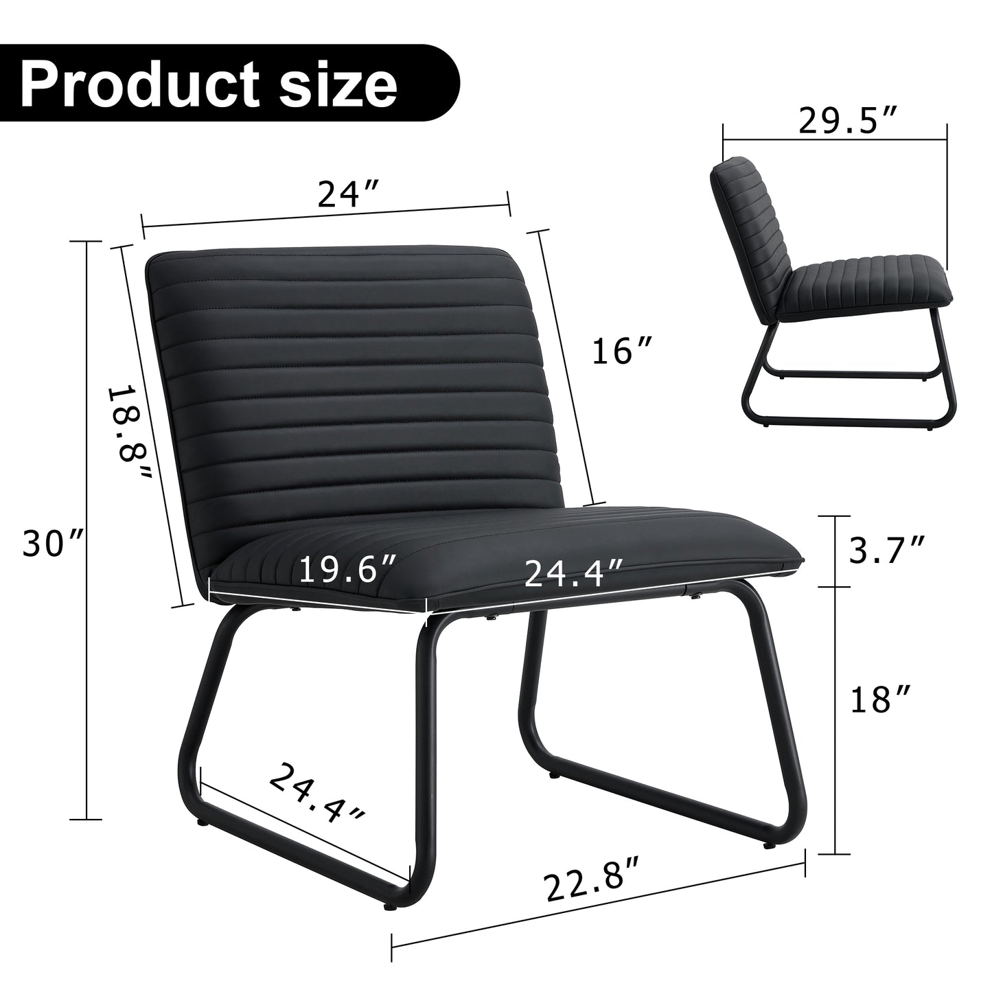 Black minimalist armless sofa chair with PU backrest, paired with black metal legs, suitable for offices, restaurants, kitchens, and bedrooms