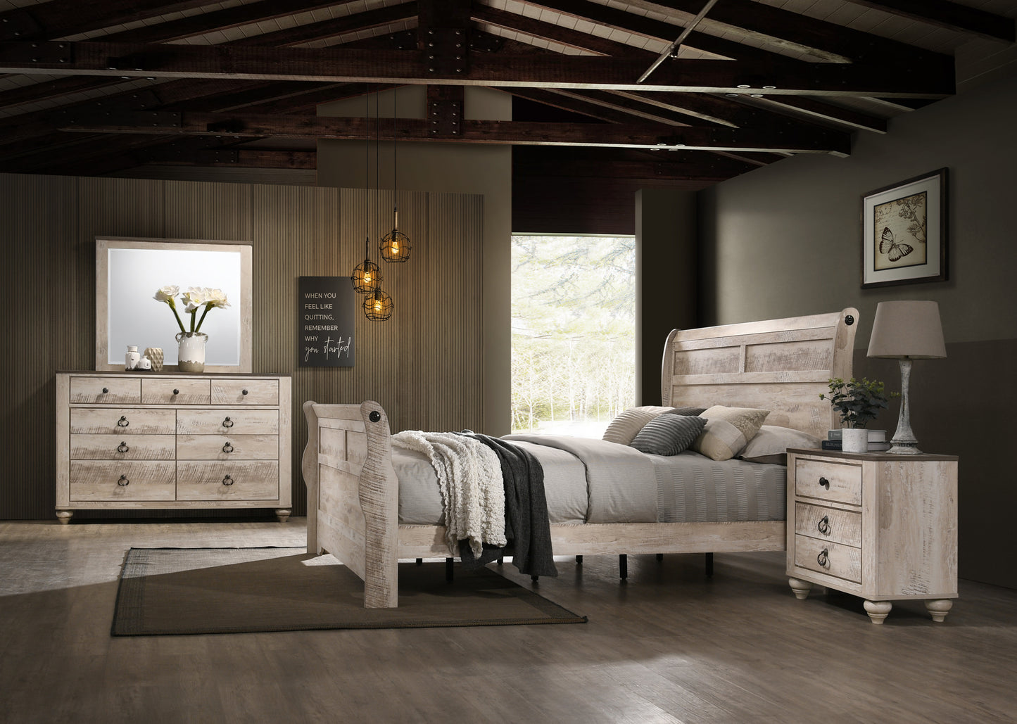 Imerland Contemporary White Wash Finish Bedroom Set with Queen Sleigh Bed, Dresser, Mirror, Nightstand, Chest