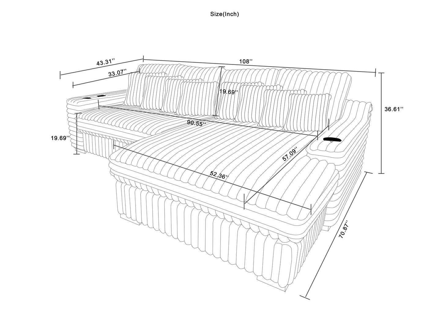 108Inch Modern Sectional Sofa L shape sofa with 4PCS Back Cushions and 8PCS Toss Pillows, Cup Holder,Bluetooth Speaker,Wireless Charger,USB Ports for Living Room,Beige