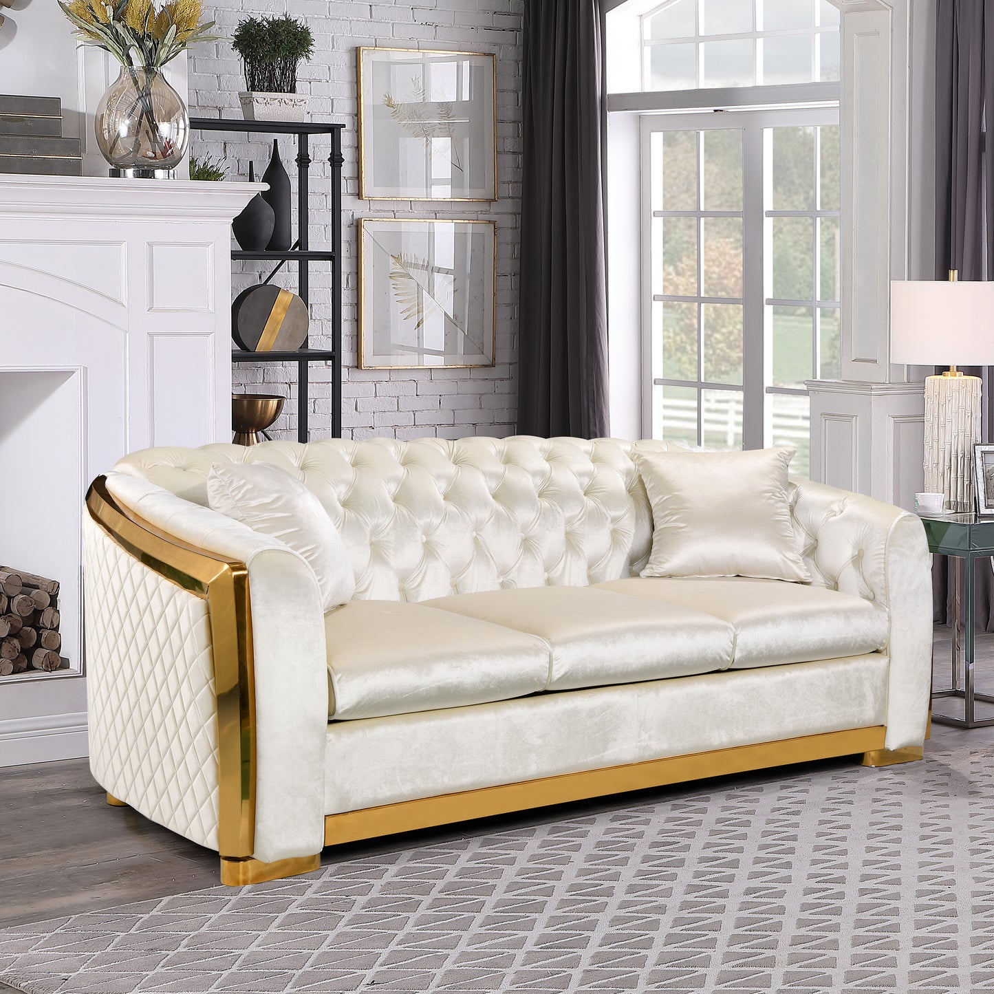 Velvet Luxury Chesterfield Sofa Set, 84 Inches Tufted 3 Seat Couch with Gold Stainless for Living Room, Beige Fabric