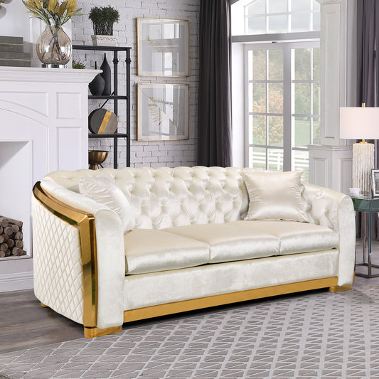 Velvet Luxury Chesterfield Sofa Set, 84 Inches Tufted 3 Seat Couch with Gold Stainless for Living Room, Beige Fabric