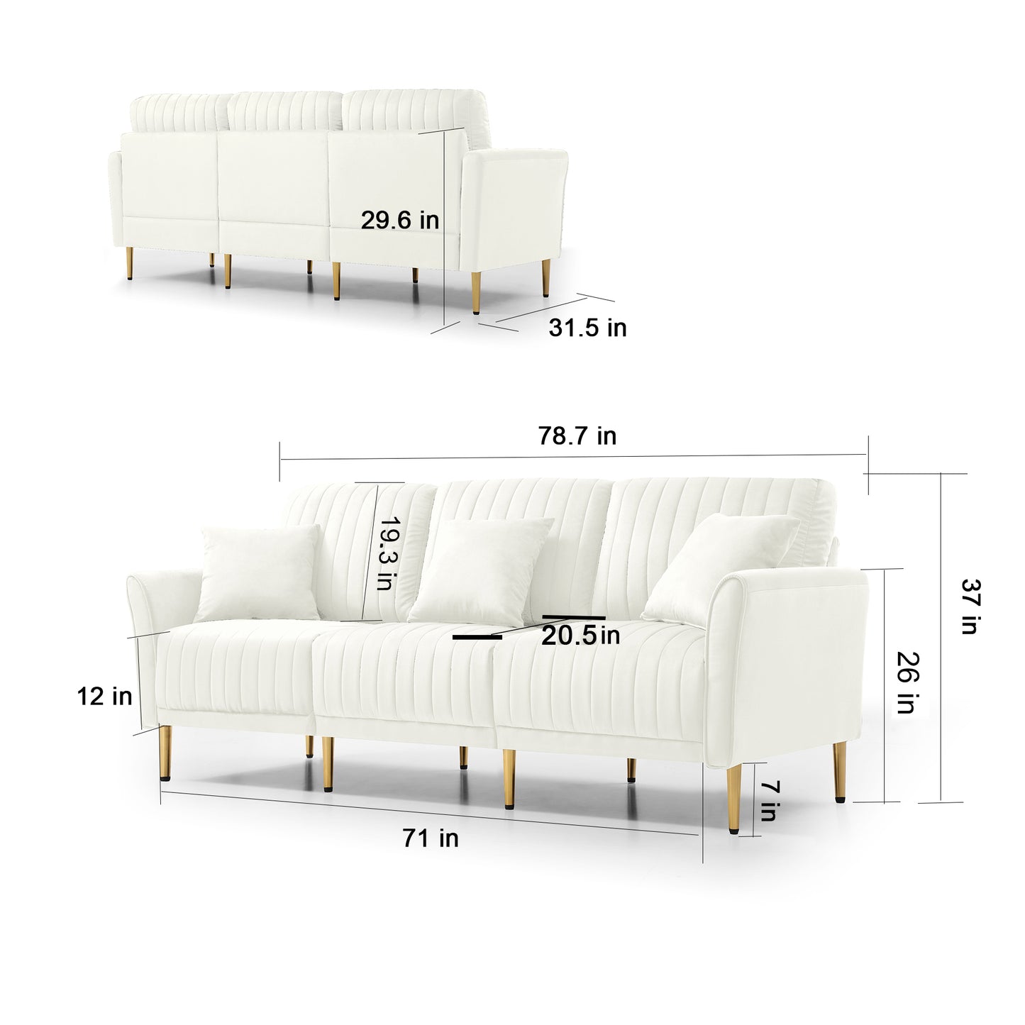 Contemporary Velvet Upholstered 3 Seater Sofa with Deep Channel Tufting and Gold Metal Legs, Cream