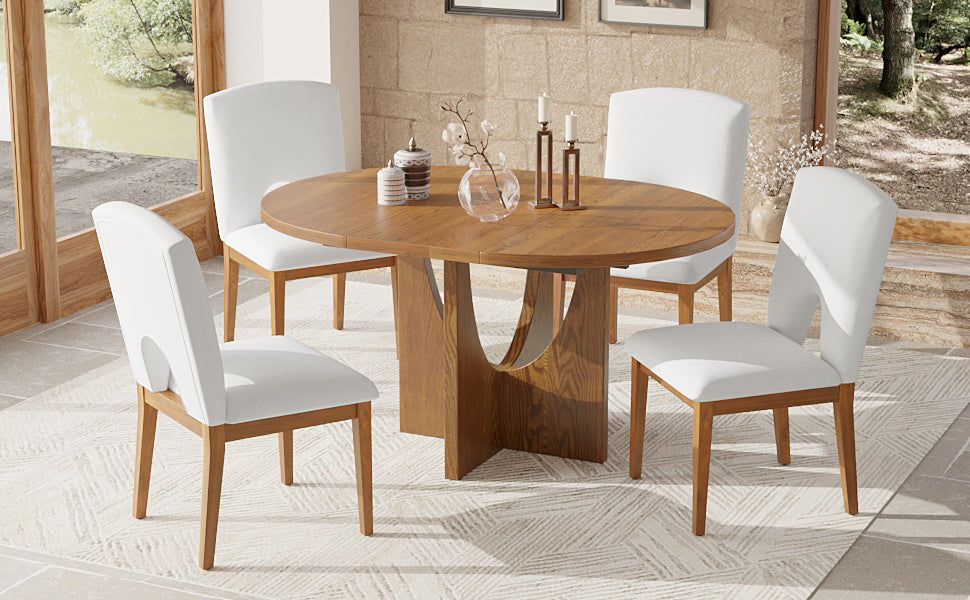 TOPMAX Modern 5-Piece Extendable Round Dining Table Set with 16.2inch Removable Leaf for Small Places, Walnut+Beige