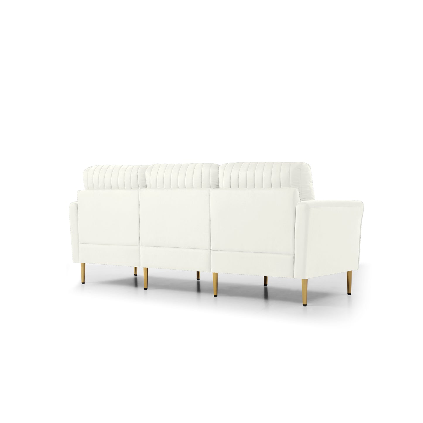 Contemporary Velvet Upholstered 3 Seater Sofa with Deep Channel Tufting and Gold Metal Legs, Cream