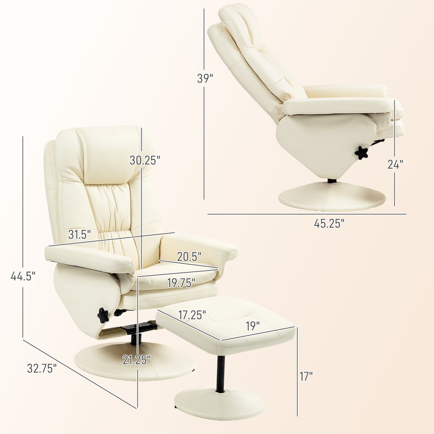 HOMCOM Swivel Recliner with Ottoman, PU Leather Reclining Chair with Ottoman, Upholstered Recliner and Footrest with Wrapped Base for Living Room, Bedroom and Home Office, Cream White