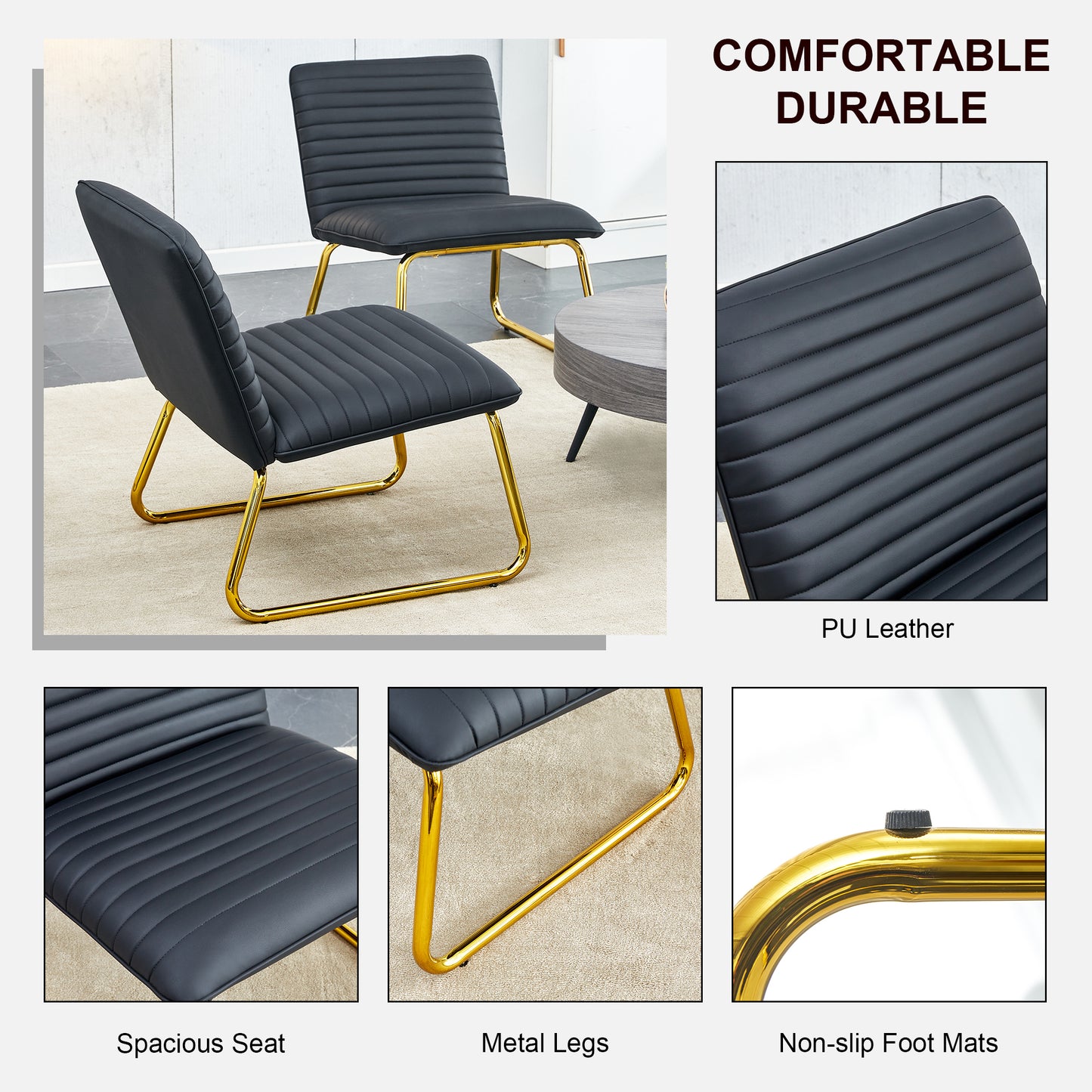 Black minimalist armless sofa chair with PU backrest and golden metal legs, suitable for offices, restaurants, kitchens, and bedrooms