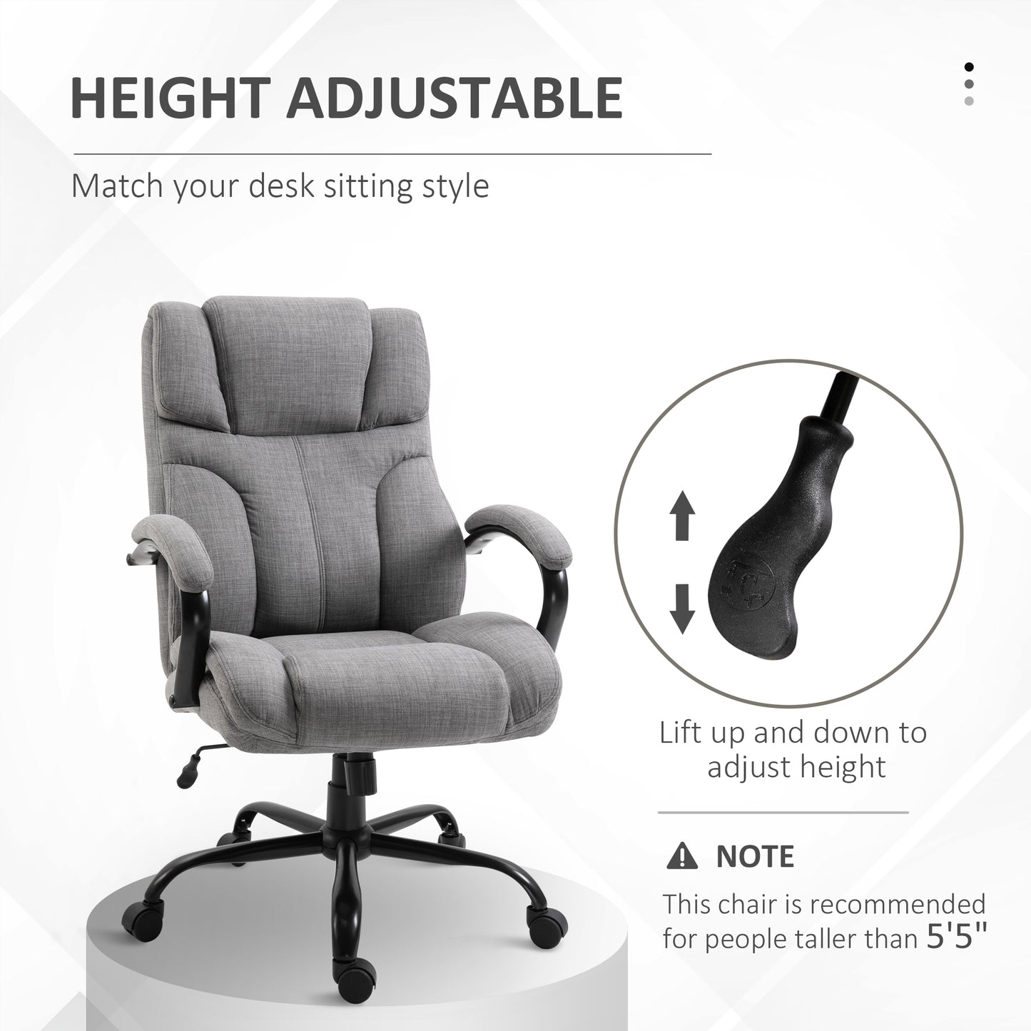 500lbs Big and Tall Office Chair with Wide Seat, Ergonomic Executive Computer Chair with Adjustable Height, Swivel Wheels and Linen Finish, Light Grey