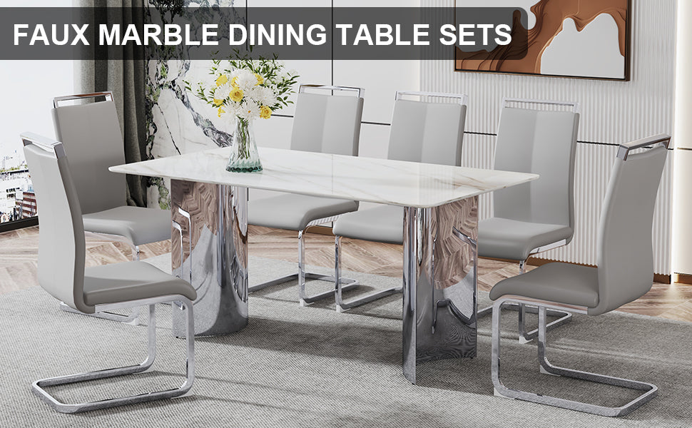 Modern minimalist dining table. Imitation marble glass sticker desktop, stainless steel legs, stable and beautiful. 6 premium PU seats. 63 inches * 35.4 inches * 29.5 inches DT-69 C-1162