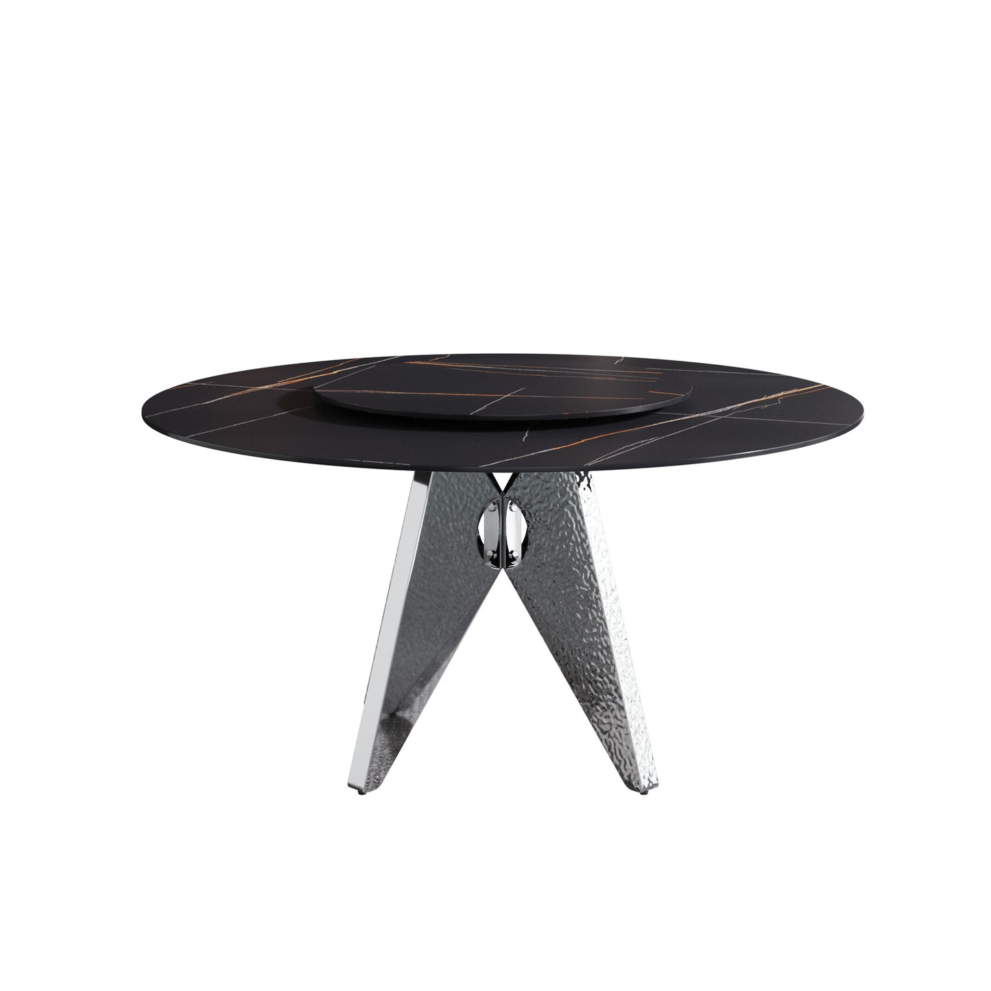 59.05" Round Marble Dining Table with Silver Stainless Steel Design Base, Artificial Marble for 6-8 People, 31.5"Black Artificial Stone Turntable,Black (Dining Table Only)