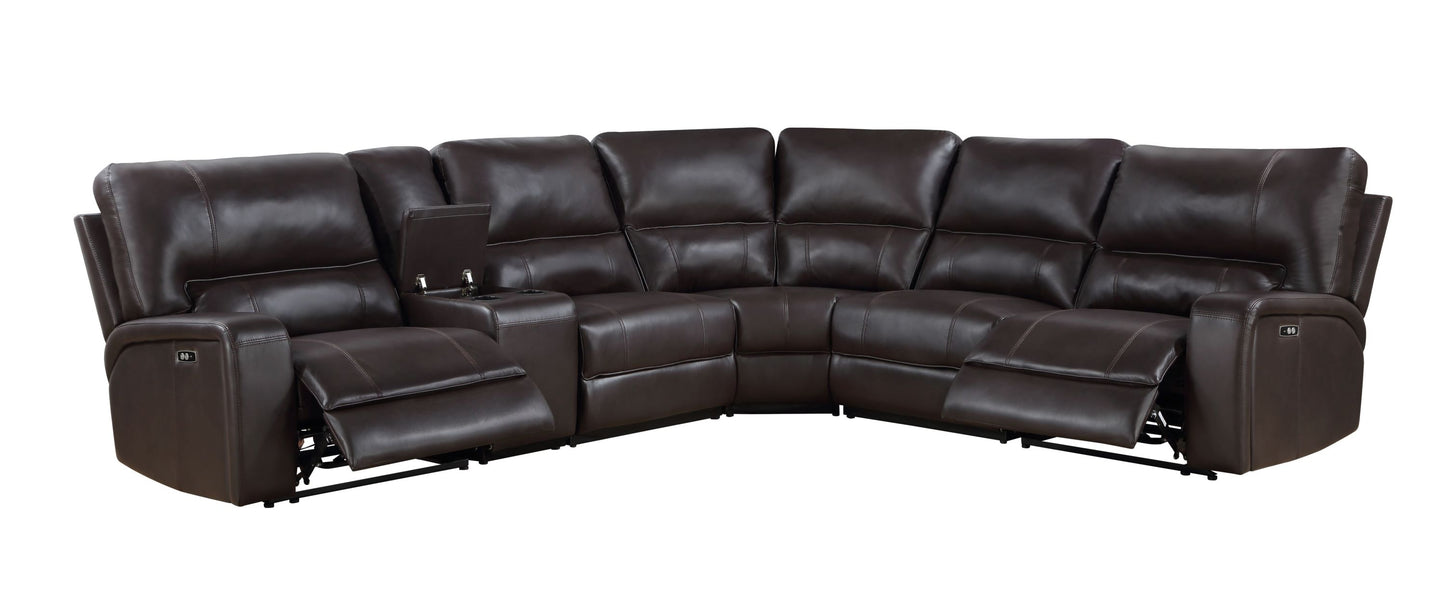 Saul Espresso Faux Leather Power Recliner Sectional Sofa w/ USB Port & Cupholder Console