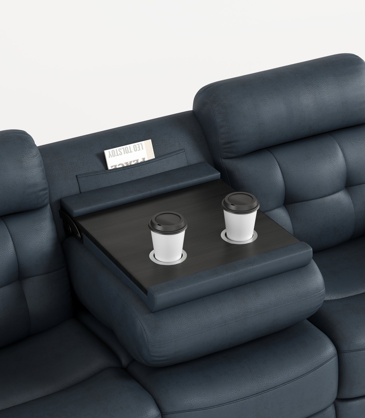 Genuine Leather Non-Power Reclining Sofa with Drop Down Table,Stainless Steel Cupholders and Magazine bag- Blue