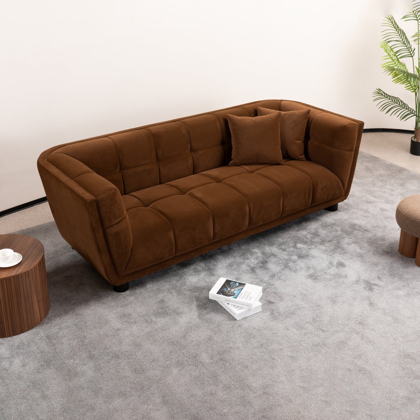 WKS13 Mid-century modern style: camel sofa simple, small square design, velvet fabric texture smooth, retro fashion, solid wood feet, 2 people design