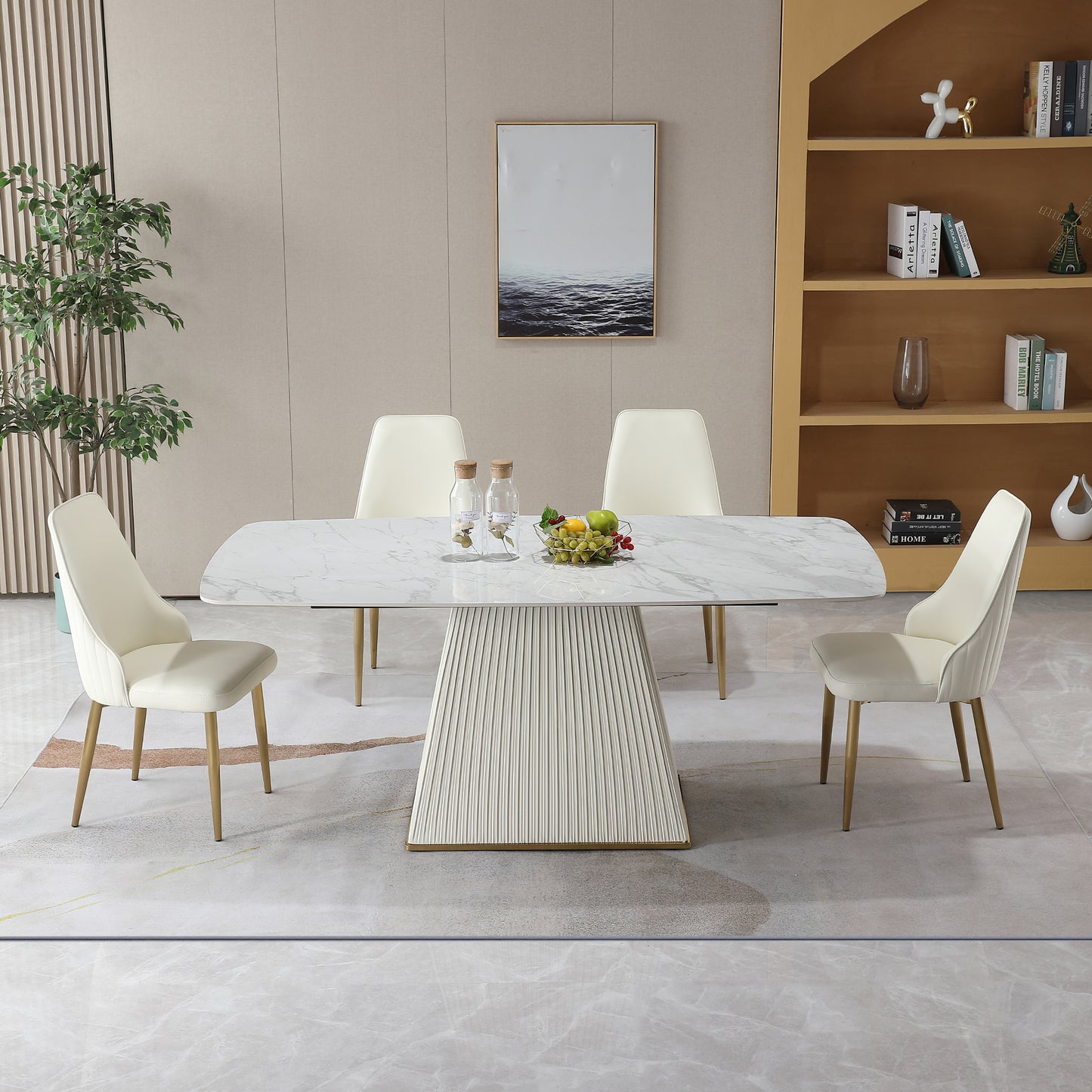 71" Contemporary Dining Table Sintered Stone Square Pedestal Base with 6 pcs Chairs .