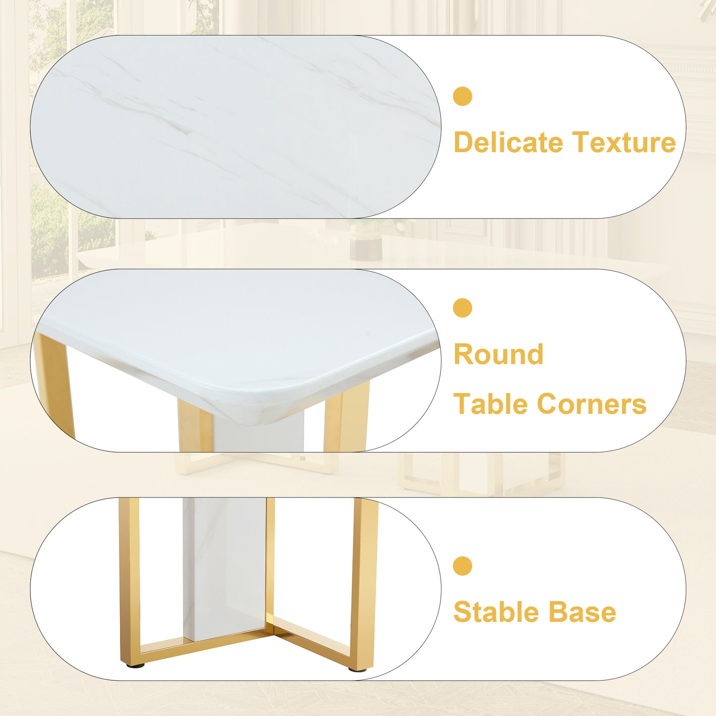 Table and chair set.67"x36" White marble pattern MDF Dining Table Set with 8 Dark Gray PU Chairs.MDF sticker,White marble pattern sticker,Gold C-tube chair legs,Suitable for kitchen,Dining room,etc.