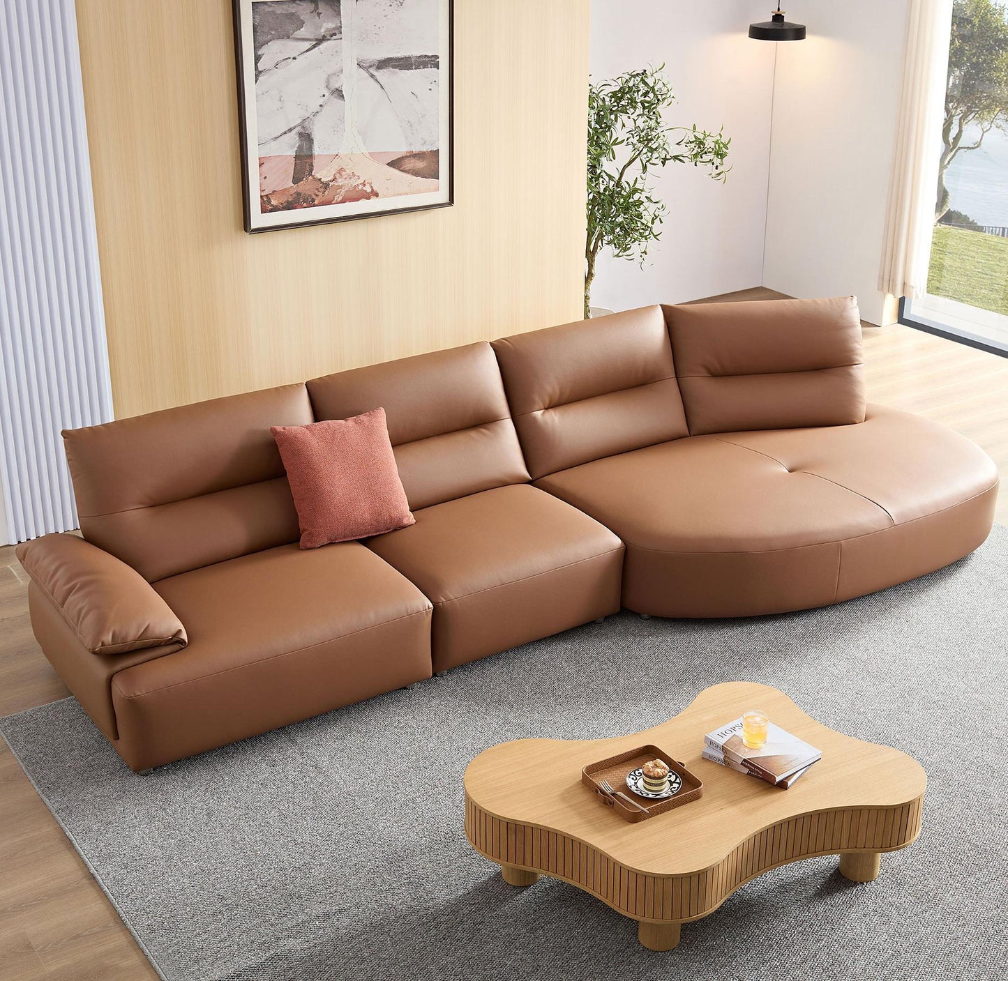 147.24'' Oversied Modern Sectional Curved Shaped Sofa Couch for Living Room,Upholstered 5-Seat Sofa Eco-leather Couch Set,Brown