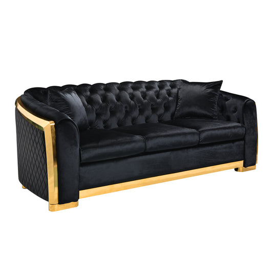 Velvet Luxury Chesterfield Sofa Set, 84 Inches Tufted 3 Seat Couch with Gold Stainless for Living Room, Black Fabric