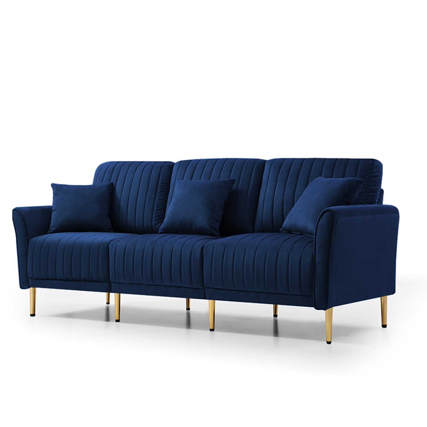 81.9" Navy Blue Velvet Channel Tufted Upholstered 3-Seater Sofa Scrolled Arms With 3 Pillows