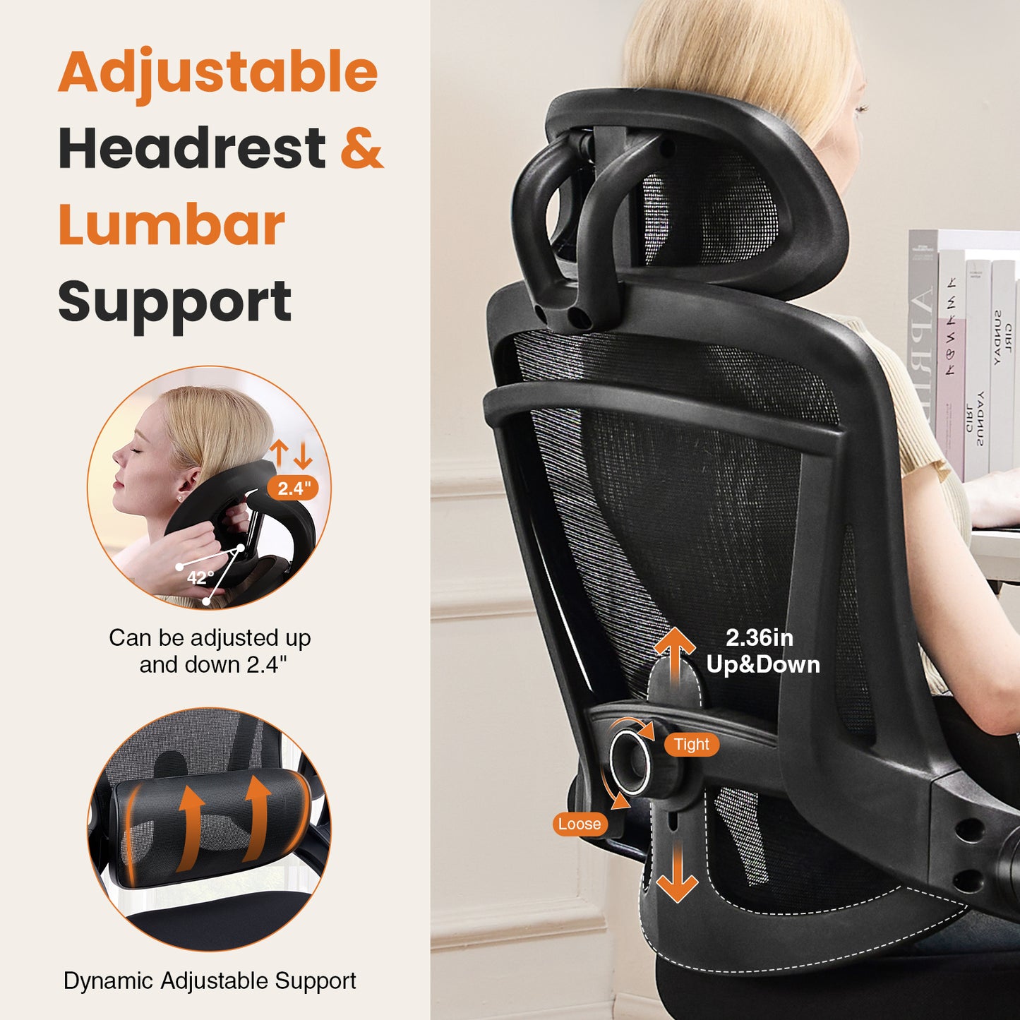 High Back Desk Chair with Adjustable Lumbar Support & Headrest,Comfortable Mesh Computer Chair with Soft Flip Up Arms, Adjustable Height and 120°Tilt,Black