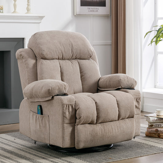 Vanbow.Swinging recliner massage heated sofa, with USB and 2 cup holders in side pockets, PackageA and B (Beige  fabric)