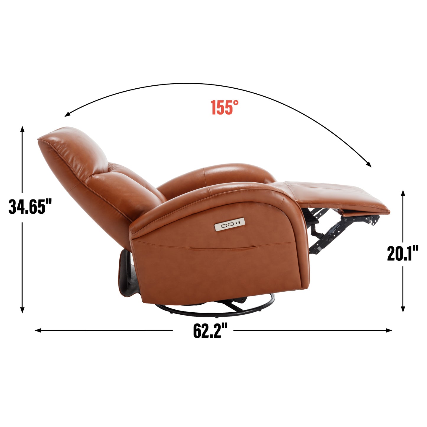 Yellow Brown Genuine Leather Swivel and Rocker Power Recliner Chair with Lumbar Support, Max Swivel Degree 270°, Heavy Duty Motion Mechanism with USB and Type-C