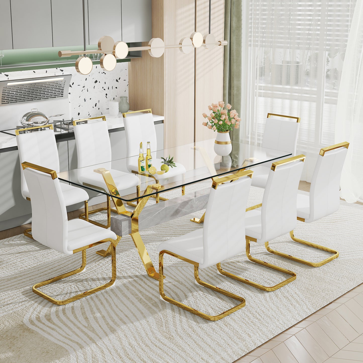 1 table and 8 chairs. Modern, simple and luxurious tempered glass rectangular dining table and desk with 8 white PU gold plated leg chairs 79''x39''x30''