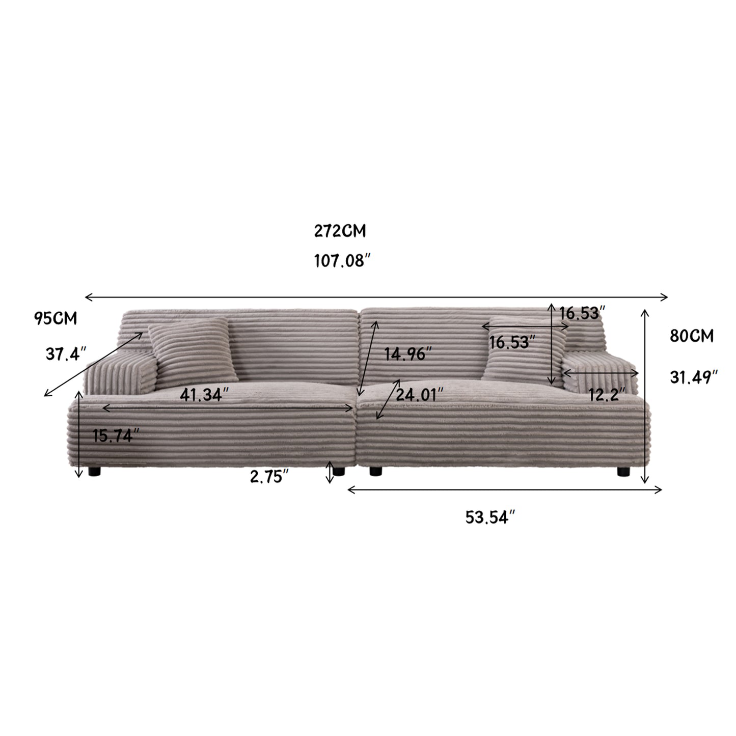 2291-G Modern sofa, comfortable cloud sofa soft plush corduroy interior with square armrests, living room, bedroom,Grey sofa