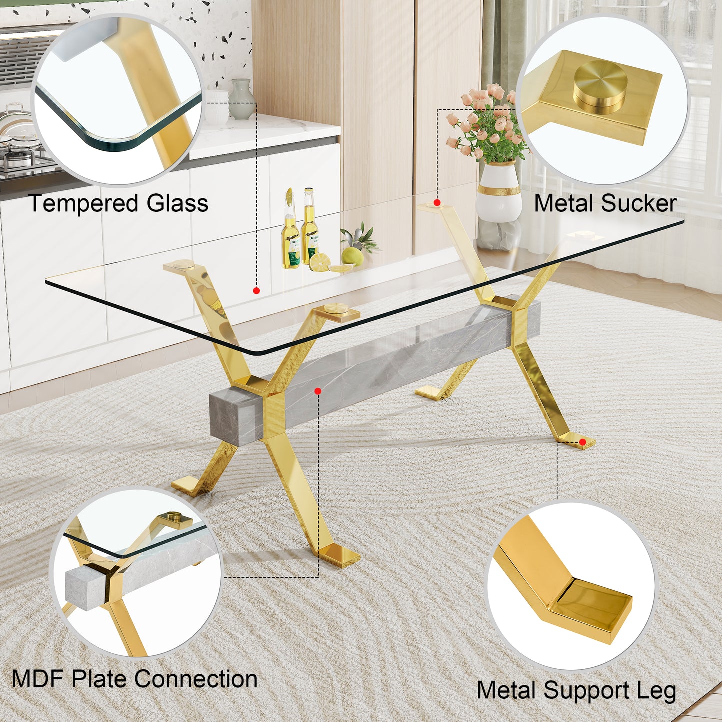 1 table and 8 chairs. Modern, simple and luxurious tempered glass rectangular dining table and desk with 8 white PU gold plated leg chairs 79''x39''x30''