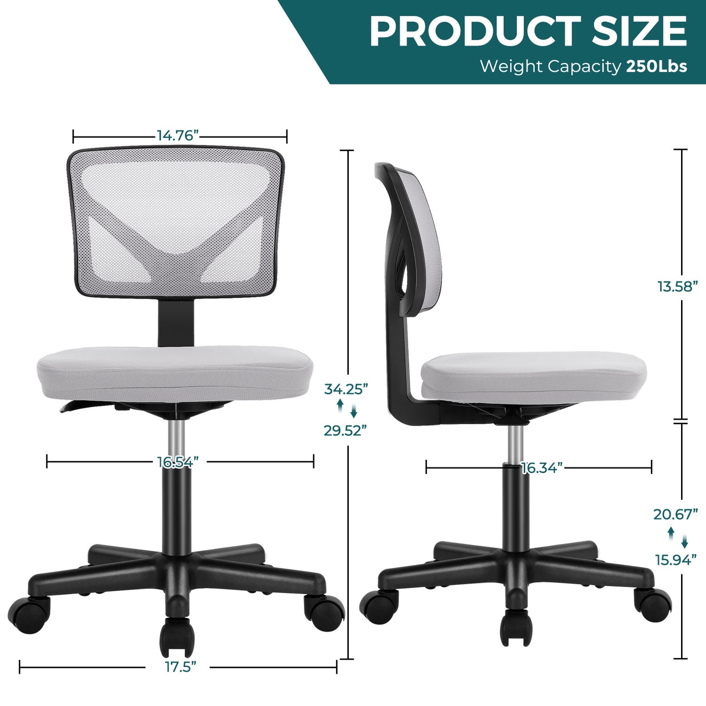 Sweetcrispy Armless Desk Chair Small Home Office Chair with Lumbar Support