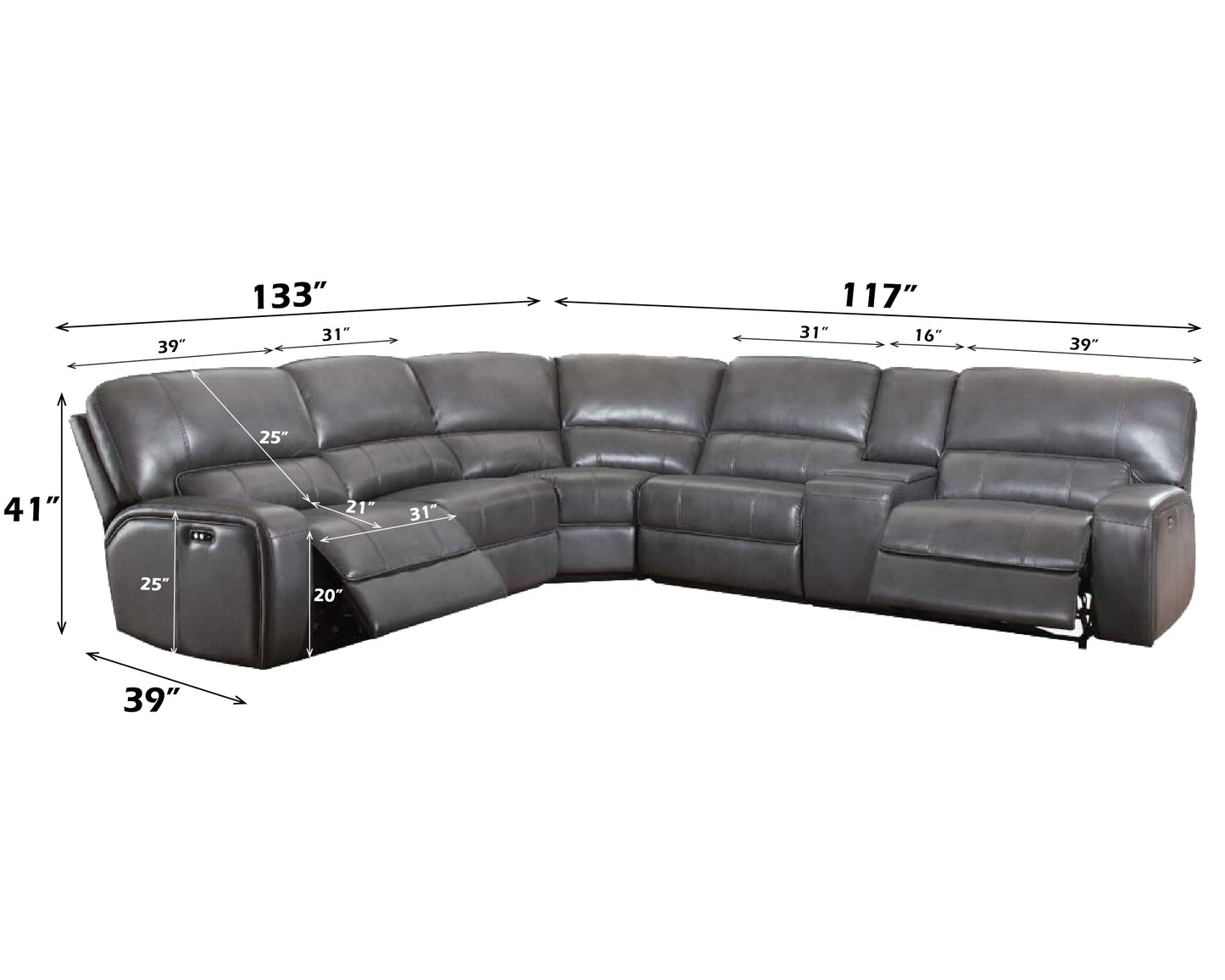 Saul Gray Leather Aire Power Motion Sectional Sofa w/ USB Port & Cupholder Console