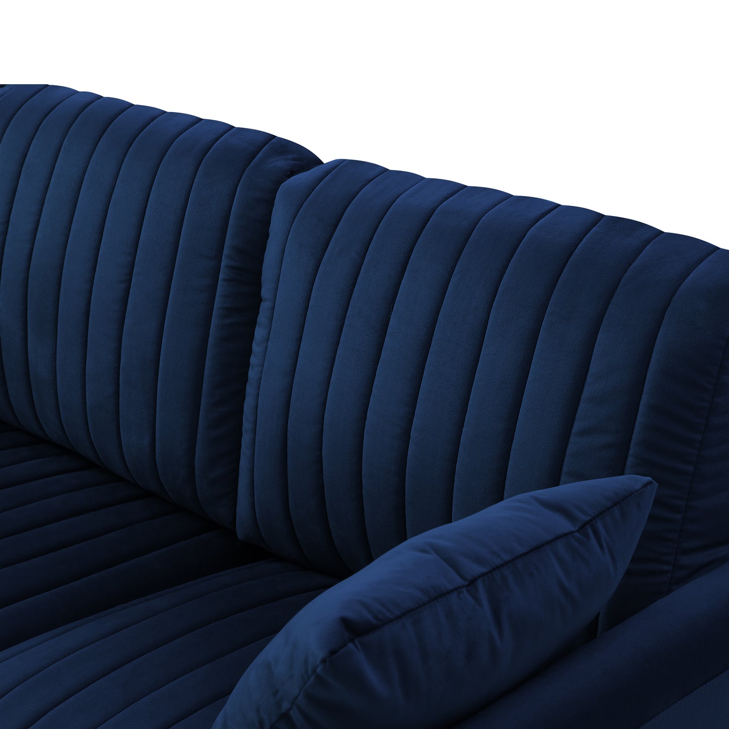 81.9" Navy Blue Velvet Channel Tufted Upholstered 3-Seater Sofa Scrolled Arms With 3 Pillows