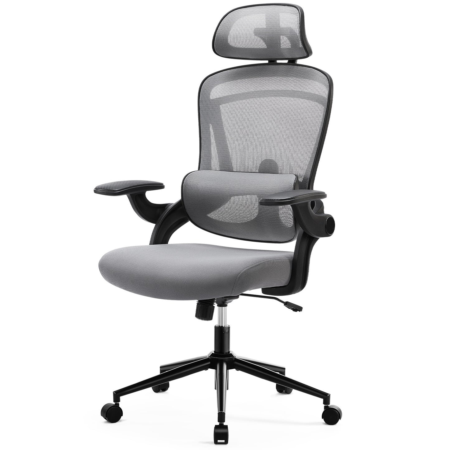 High Back Desk Chair with Adjustable Lumbar Support & Headrest,Comfortable Mesh Computer Chair with Soft Flip Up Arms, Adjustable Height and 120°Tilt,gray