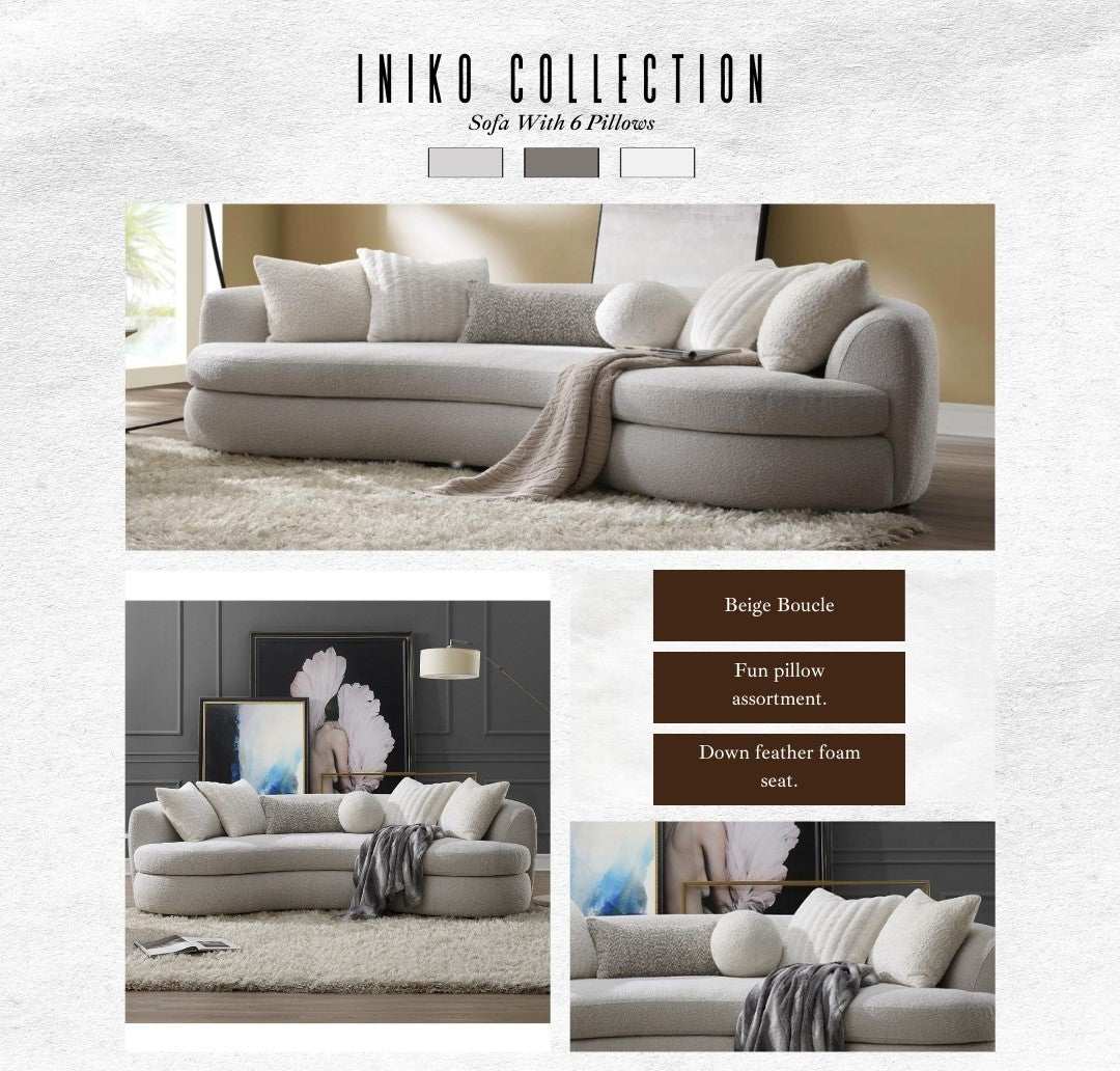 Iniko Beige Boucle Sofa with Toss Pillows