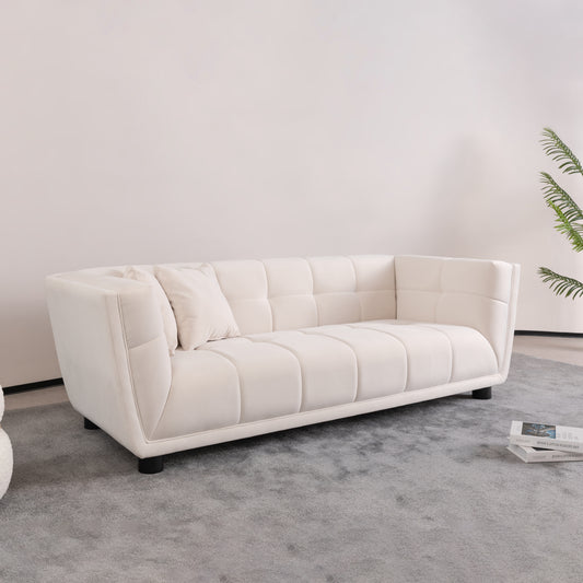 WKS13 Mid-century modern style: simple white sofa, small square design, velvet fabric texture smooth, retro fashion, solid wood feet, 2 people design