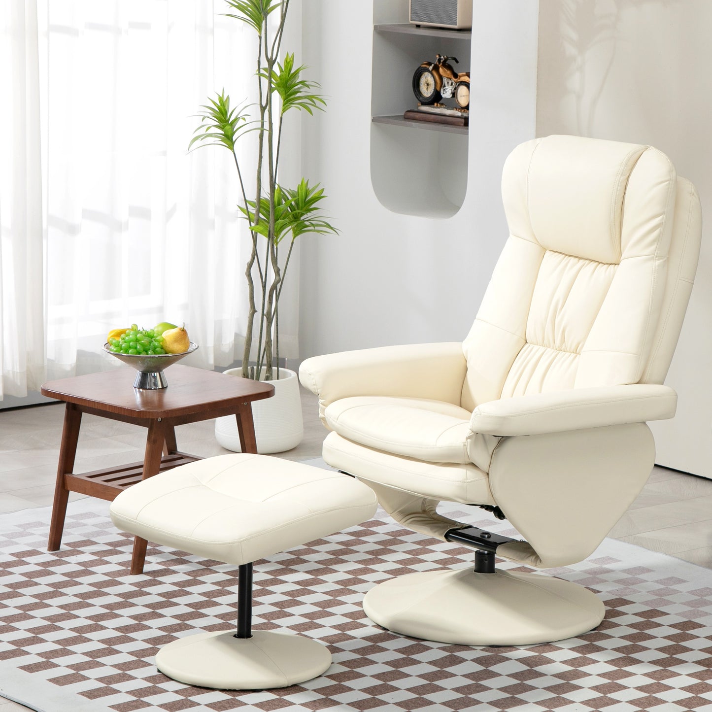 HOMCOM Swivel Recliner with Ottoman, PU Leather Reclining Chair with Ottoman, Upholstered Recliner and Footrest with Wrapped Base for Living Room, Bedroom and Home Office, Cream White