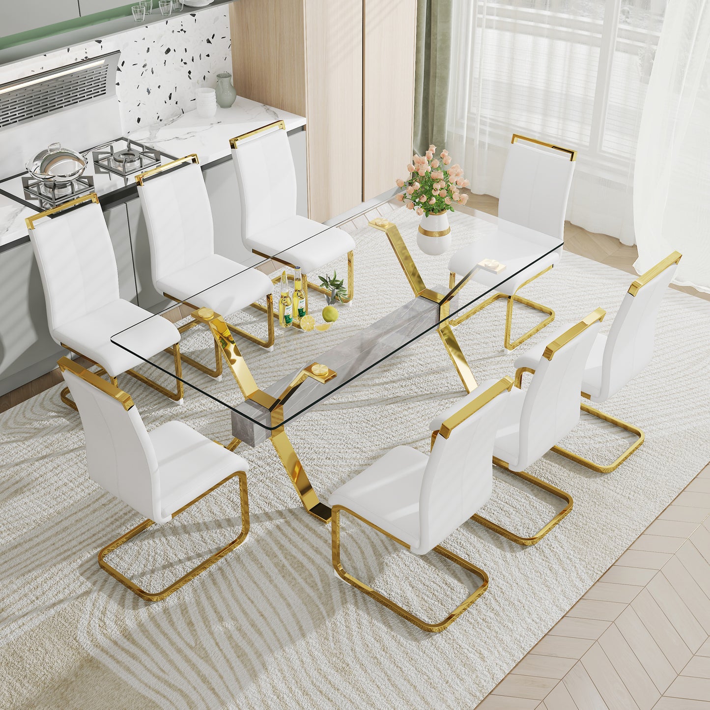 1 table and 8 chairs. Modern, simple and luxurious tempered glass rectangular dining table and desk with 8 white PU gold plated leg chairs 79''x39''x30''