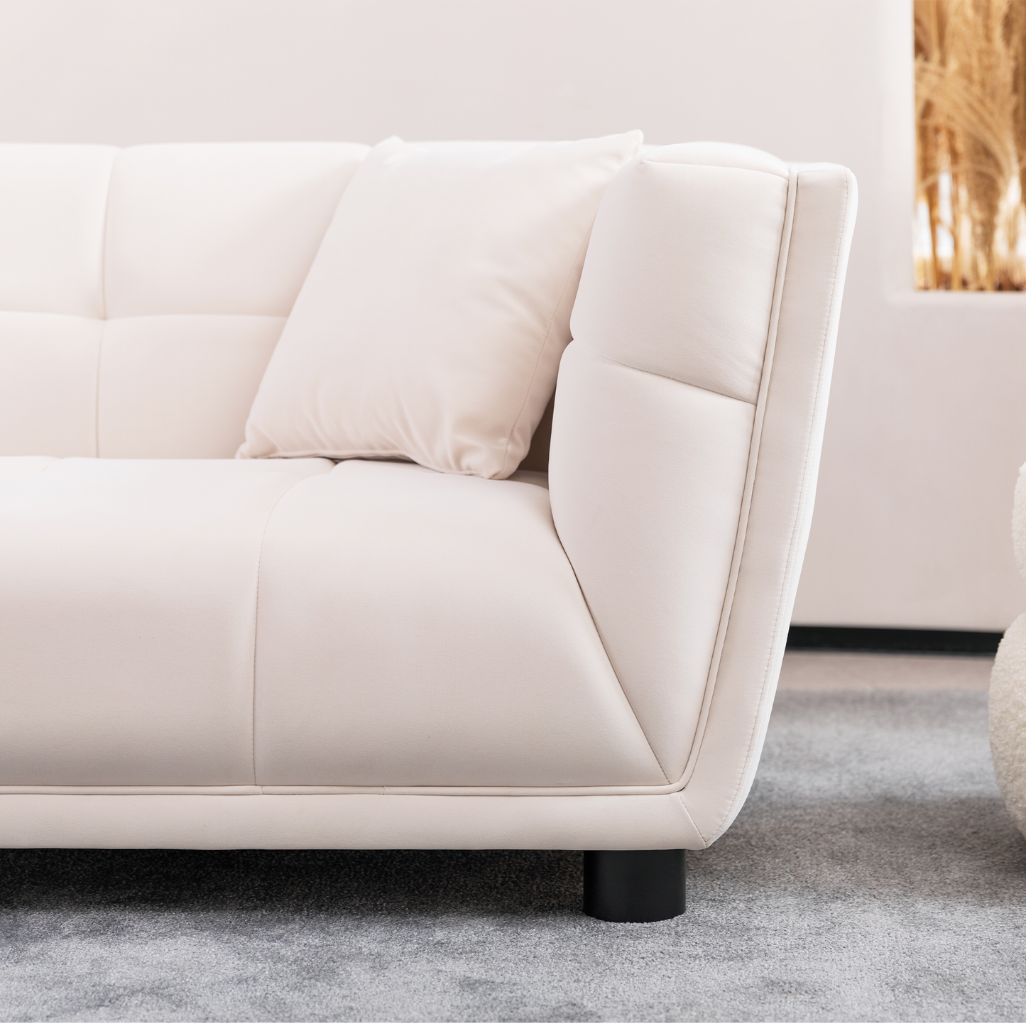 WKS13 Mid-century modern style: simple white sofa, small square design, velvet fabric texture smooth, retro fashion, solid wood feet, 2 people design