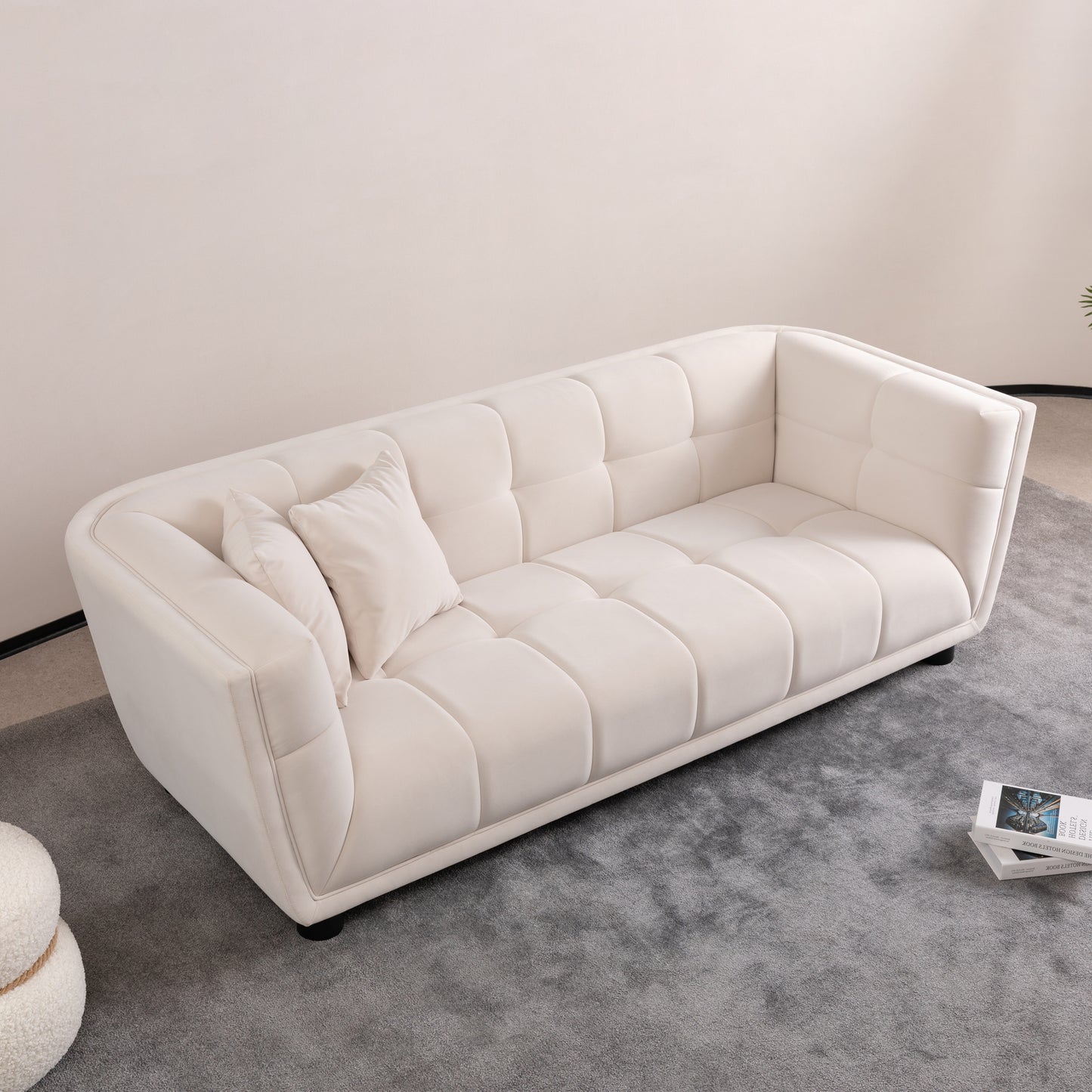 WKS13 Mid-century modern style: simple white sofa, small square design, velvet fabric texture smooth, retro fashion, solid wood feet, 2 people design