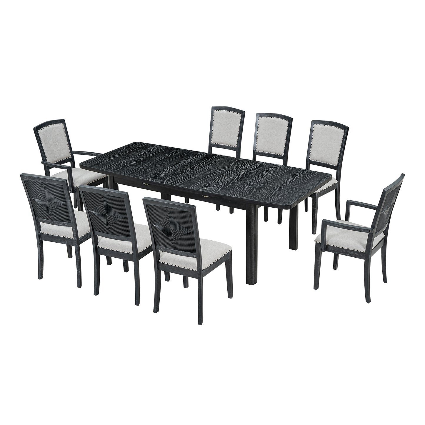 TOPMAX Rustic Extendable 84inch Dining Table Set with 24inch Removable Leaf , 6 Upholstered Armless Dining Chairs and 2 Padded Arm Chairs, 9 Pieces, Black