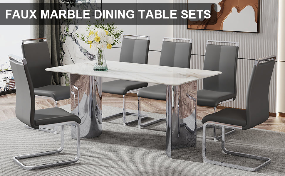 Modern minimalist dining table. Imitation marble glass sticker desktop, stainless steel legs, stable and beautiful. 6 premium PU seats. 63 inches * 35.4 inches * 29.5 inches DT-69 C-1162